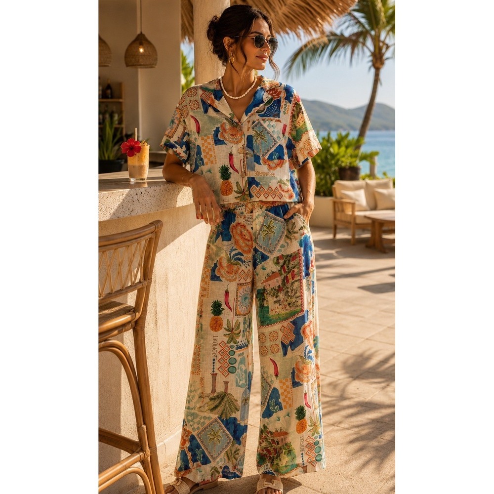 Bellambra Linen Blend 2 Pc Set Wide Leg Pants Button Shirt Print Resortwear M/L